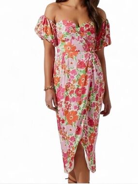 Astr Off-Shoulder Floral Midi Dress in Pink, Orange & Green